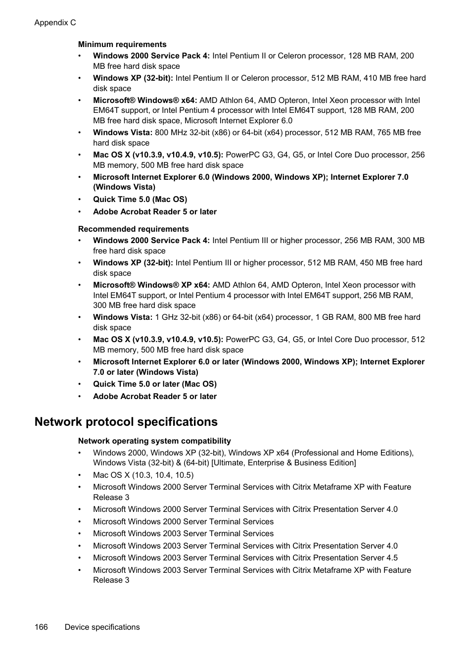 Network protocol specifications | HP Officejet J4680 User Manual | Page 170 / 196