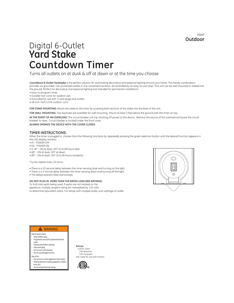 GE 15147 Digital Yard Stake Timer User Manual | 2 pages