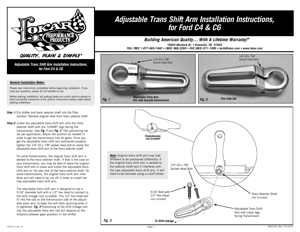 Lokar Adjustable Trans Shift Arm for Ford C4 & C6 User Manual | 1 page