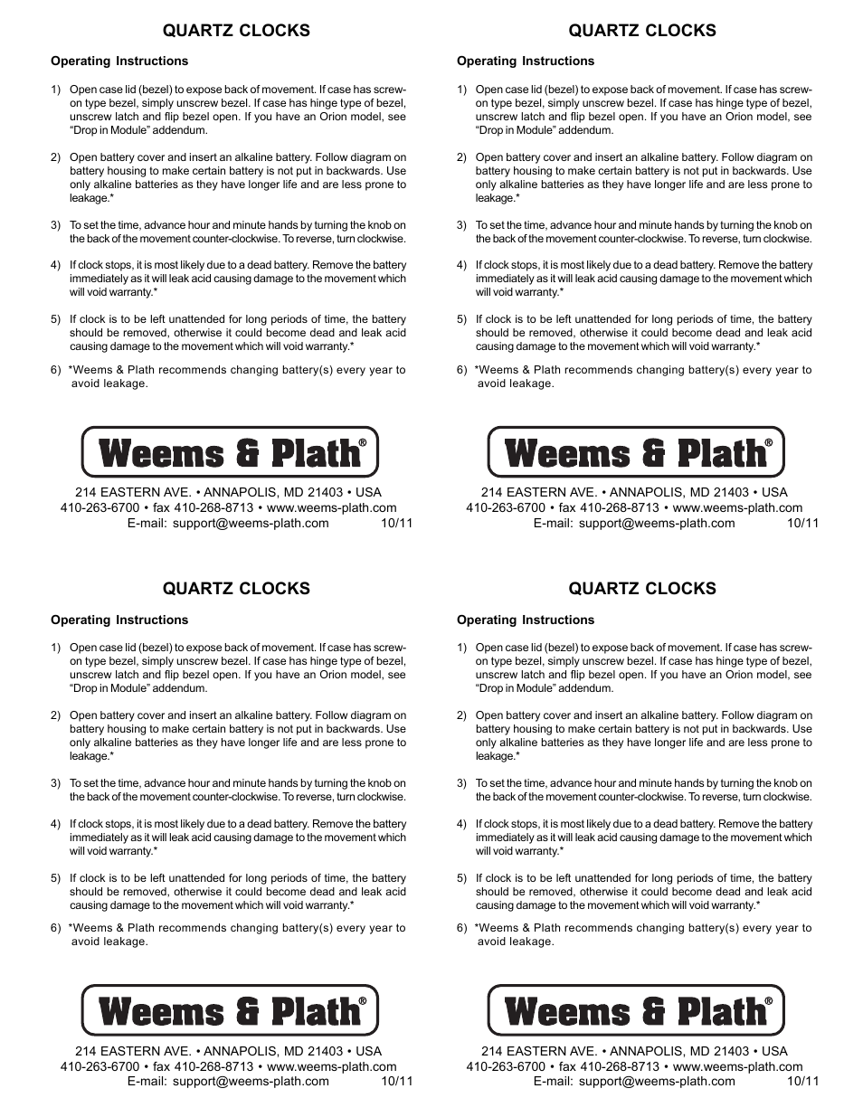 Weems and Plath Atlantis Quartz Clock User Manual | 1 page