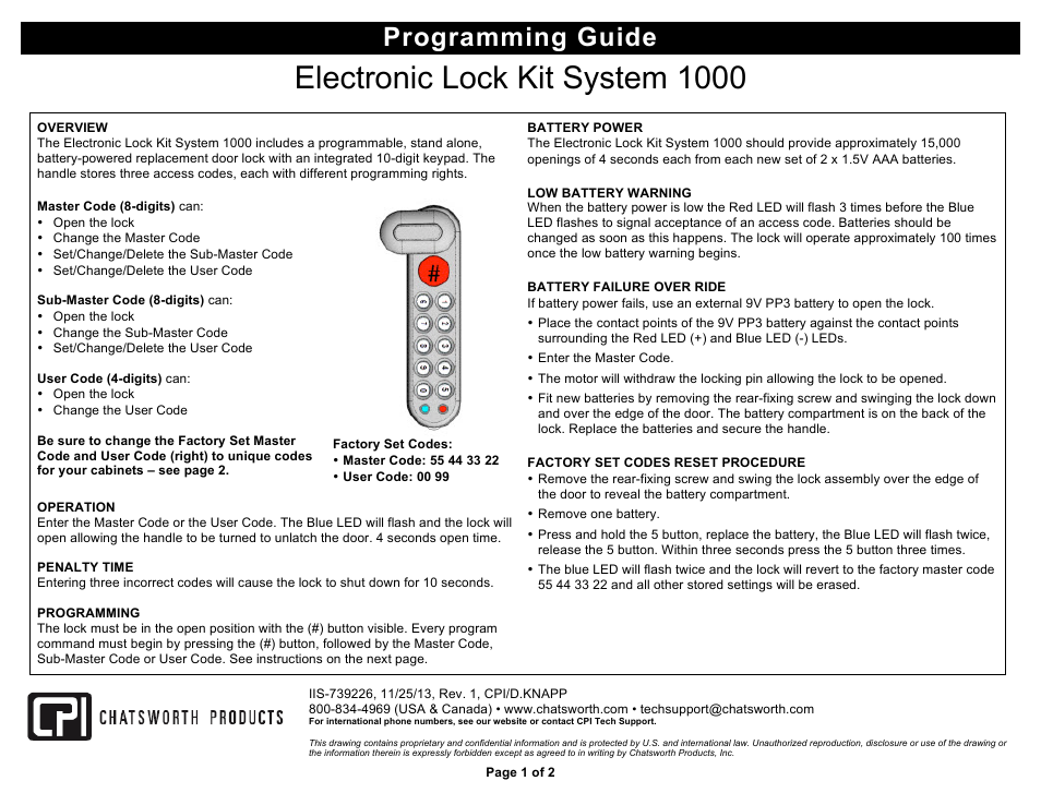 Chatsworth Products Electronic Lock Kits System 1000 User Manual | 2 pages