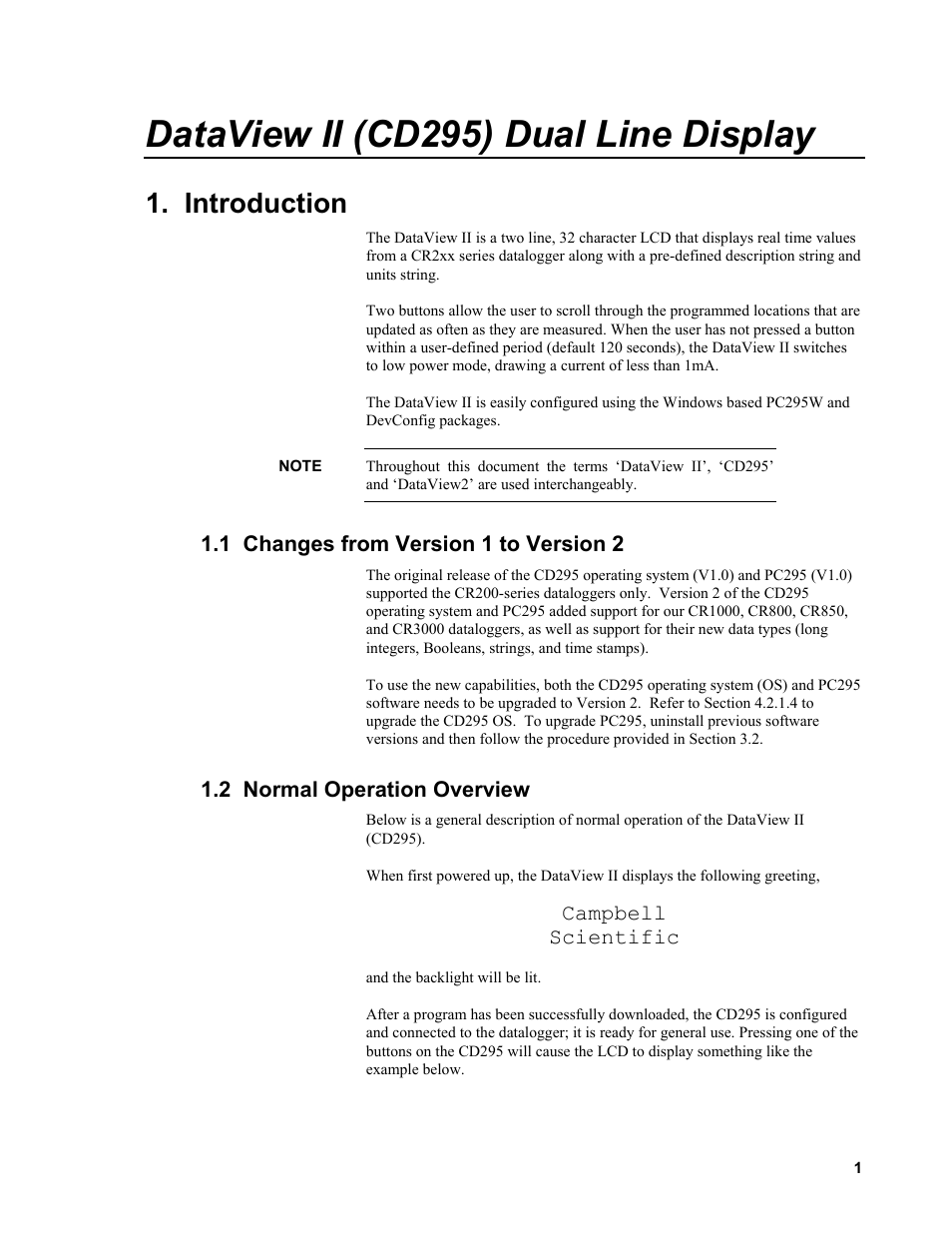 Dataview ii (cd295) dual line display, Introduction, 1 changes from version 1 to version 2 | 2 normal operation overview | Campbell Scientific CD295 DataView II Dual Line Display User Manual | Page 5 / 36
