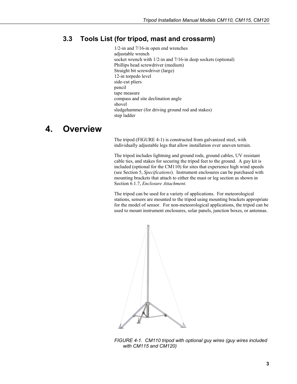 3 tools list (for tripod, mast and crossarm), Overview, Tools list (for tripod, mast and crossarm) | Cm115 and cm120) | Campbell Scientific CM110, CM115, CM120 Tripod Installation User Manual | Page 11 / 40