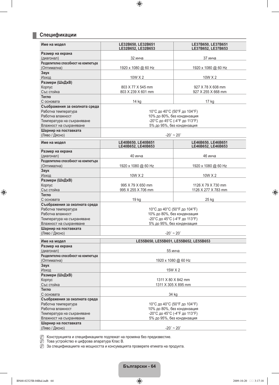 Спецификации | Samsung LE37B650T2W User Manual | Page 342 / 680
