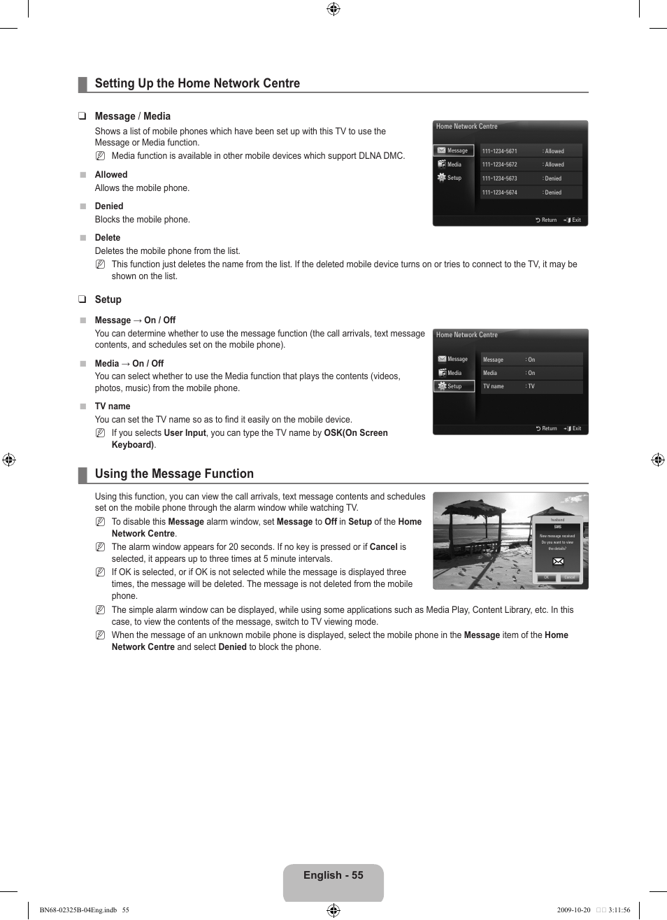 Setting up the home network centre, Using the message function, English - 55 | Message / media, Setup | Samsung LE37B650T2W User Manual | Page 57 / 680