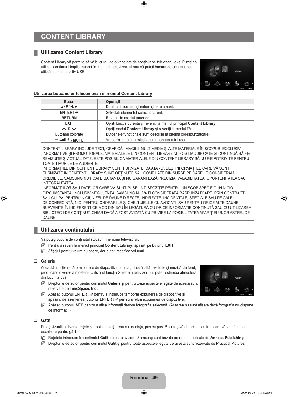 Content library, Utilizarea content library, Utilizarea conţinutului | Samsung LE37B650T2W User Manual | Page 591 / 680