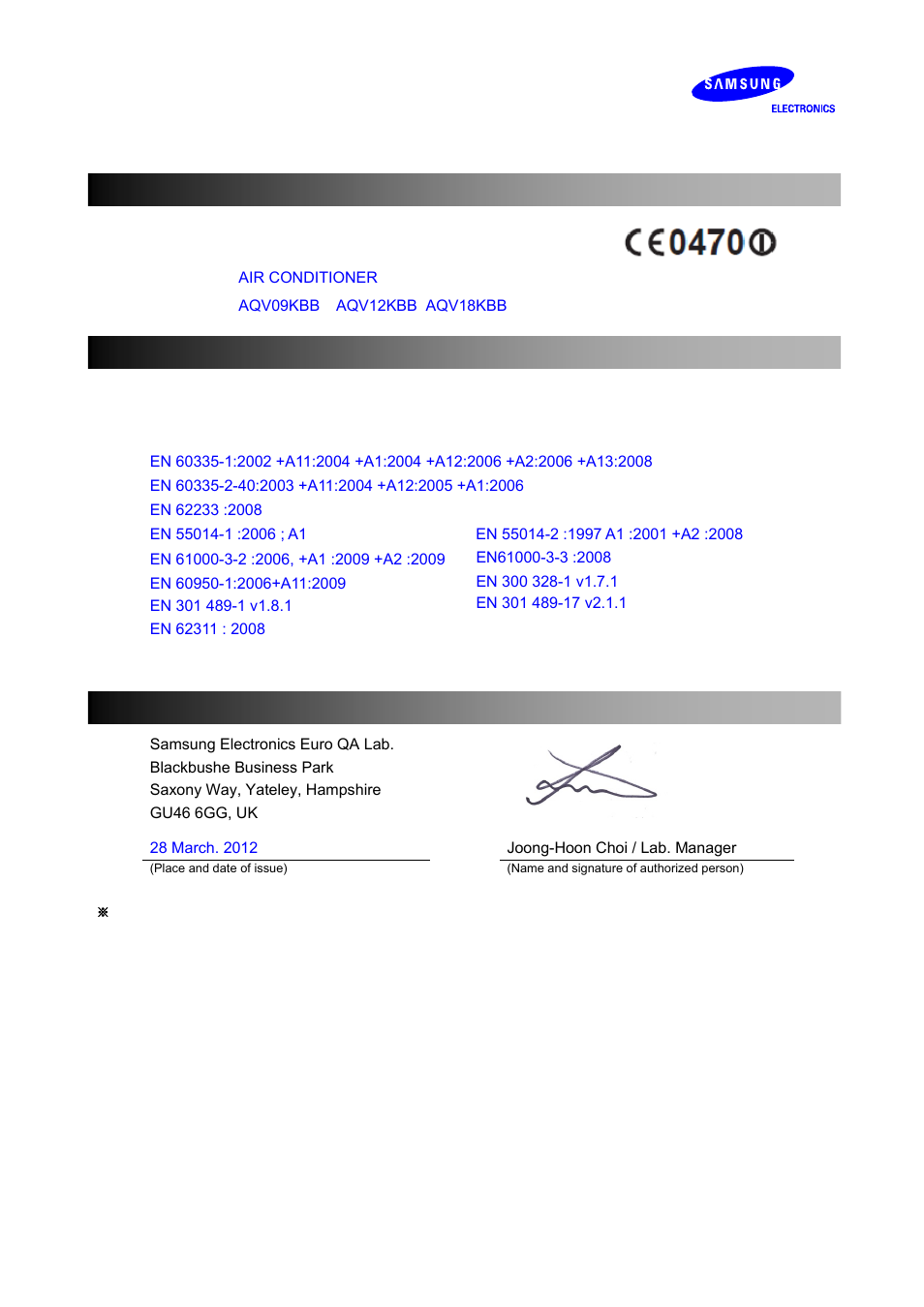 Samsung AQV12KBBNSER User Manual | 1 page