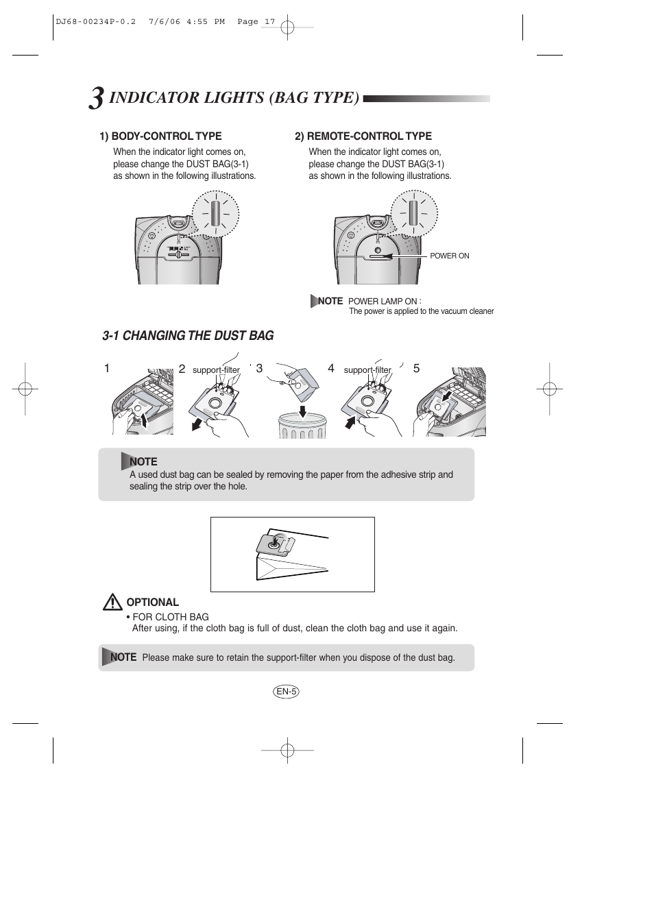 Indicator lights (bag type) | Samsung SC7840 User Manual | Page 17 / 56