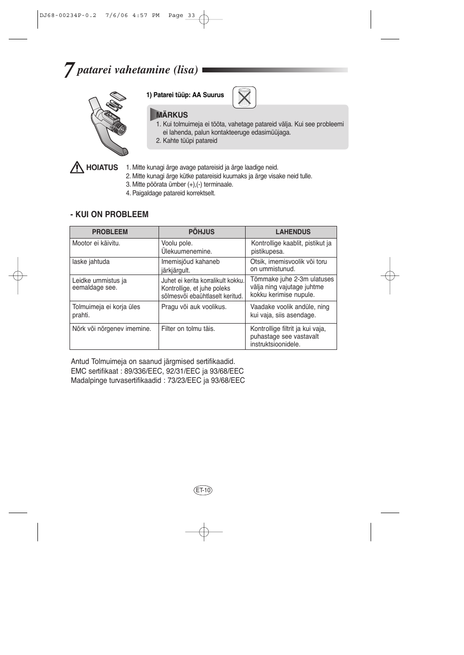 Patarei vahetamine (lisa) | Samsung SC7840 User Manual | Page 33 / 56