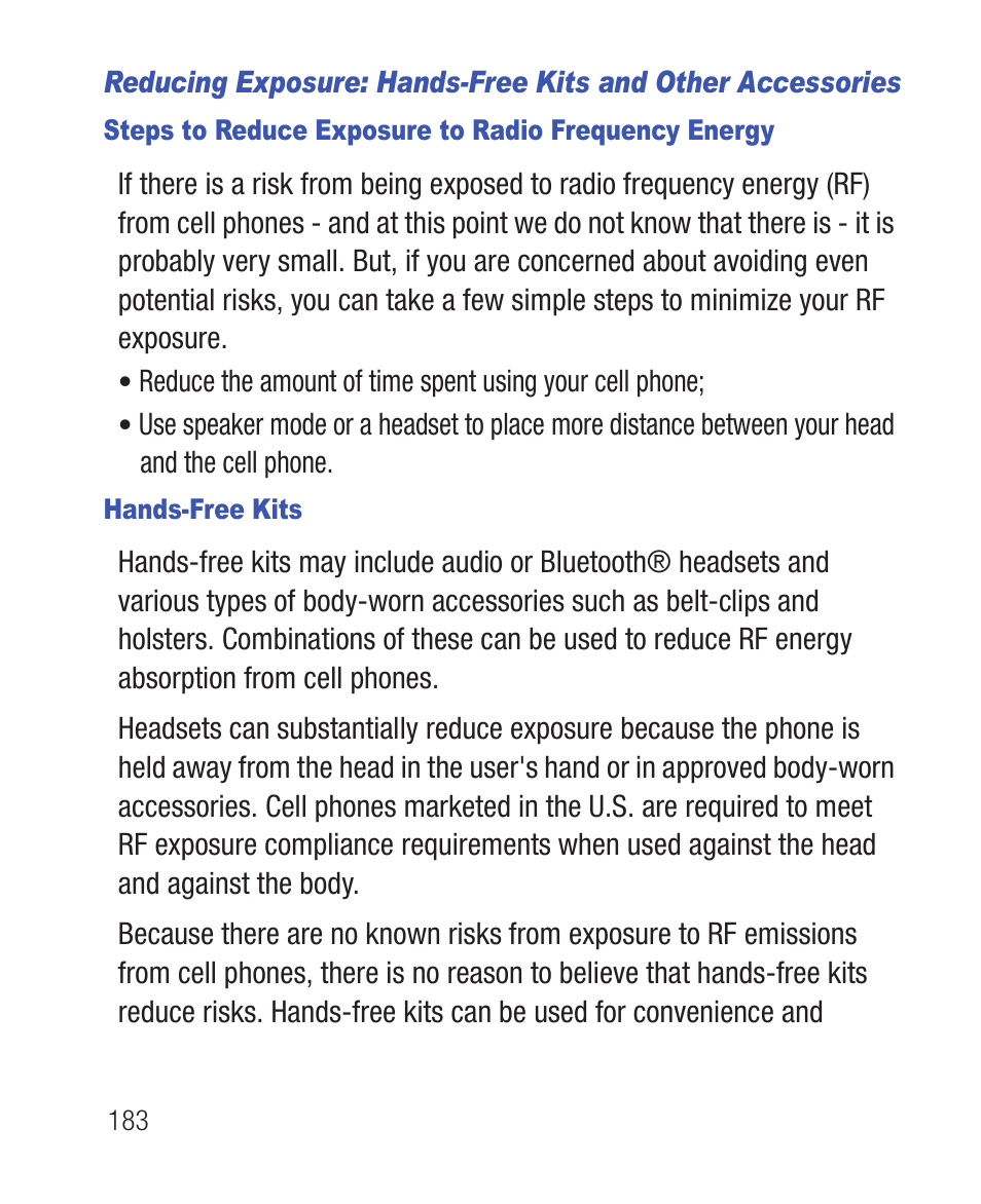 Steps to reduce exposure to radio frequency energy, Hands-free kits | Samsung SWC-R640LBAXAR User Manual | Page 188 / 250