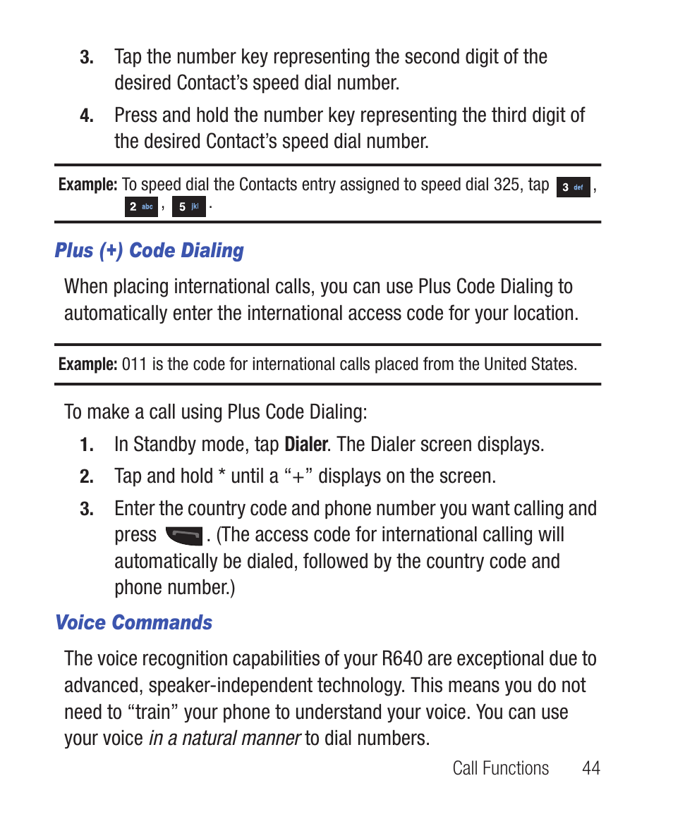 Plus (+) code dialing, Voice commands | Samsung SWC-R640LBAXAR User Manual | Page 49 / 250