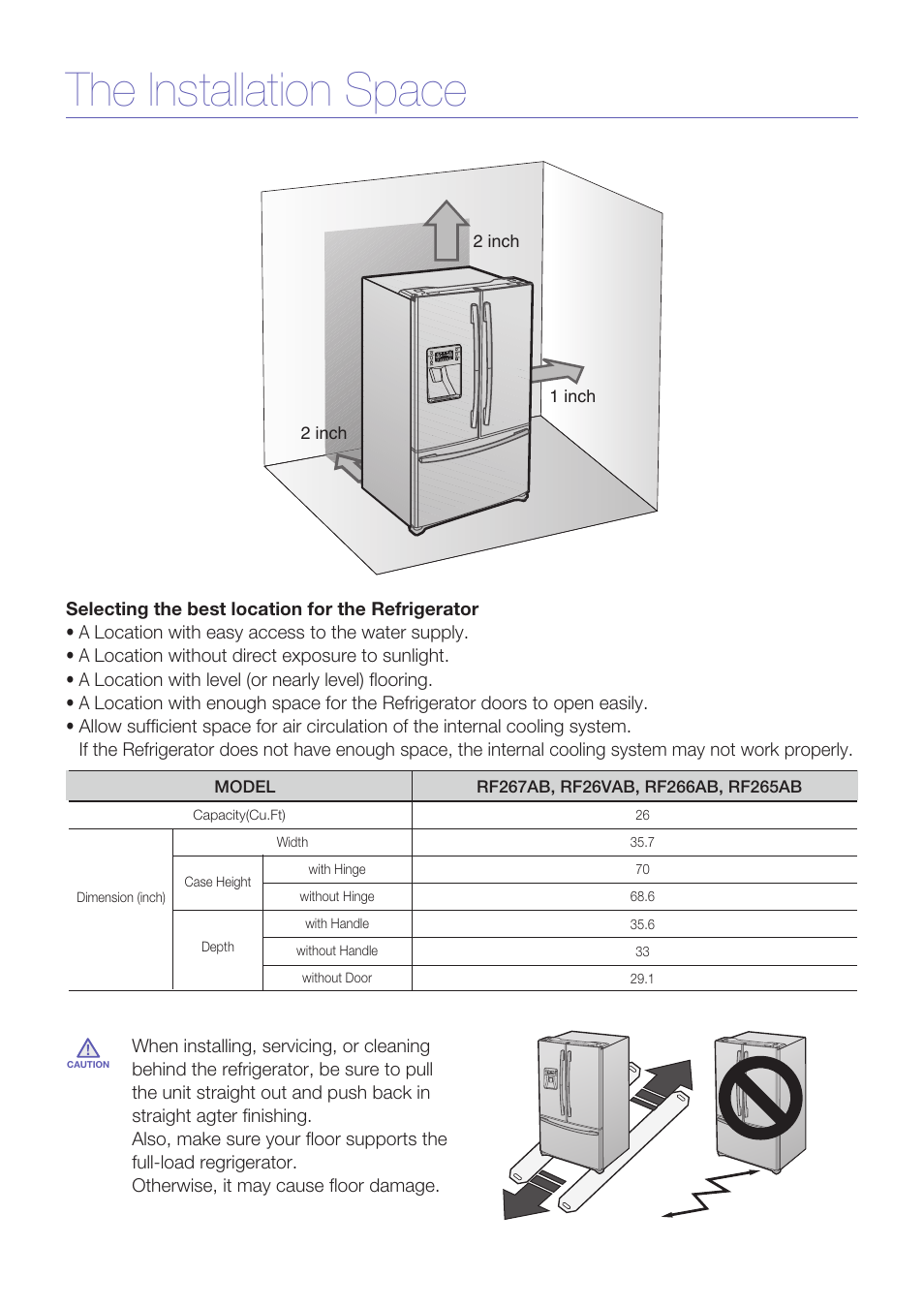 The installation space | Samsung RF267ACRS-XAA User Manual | Page 5 / 9