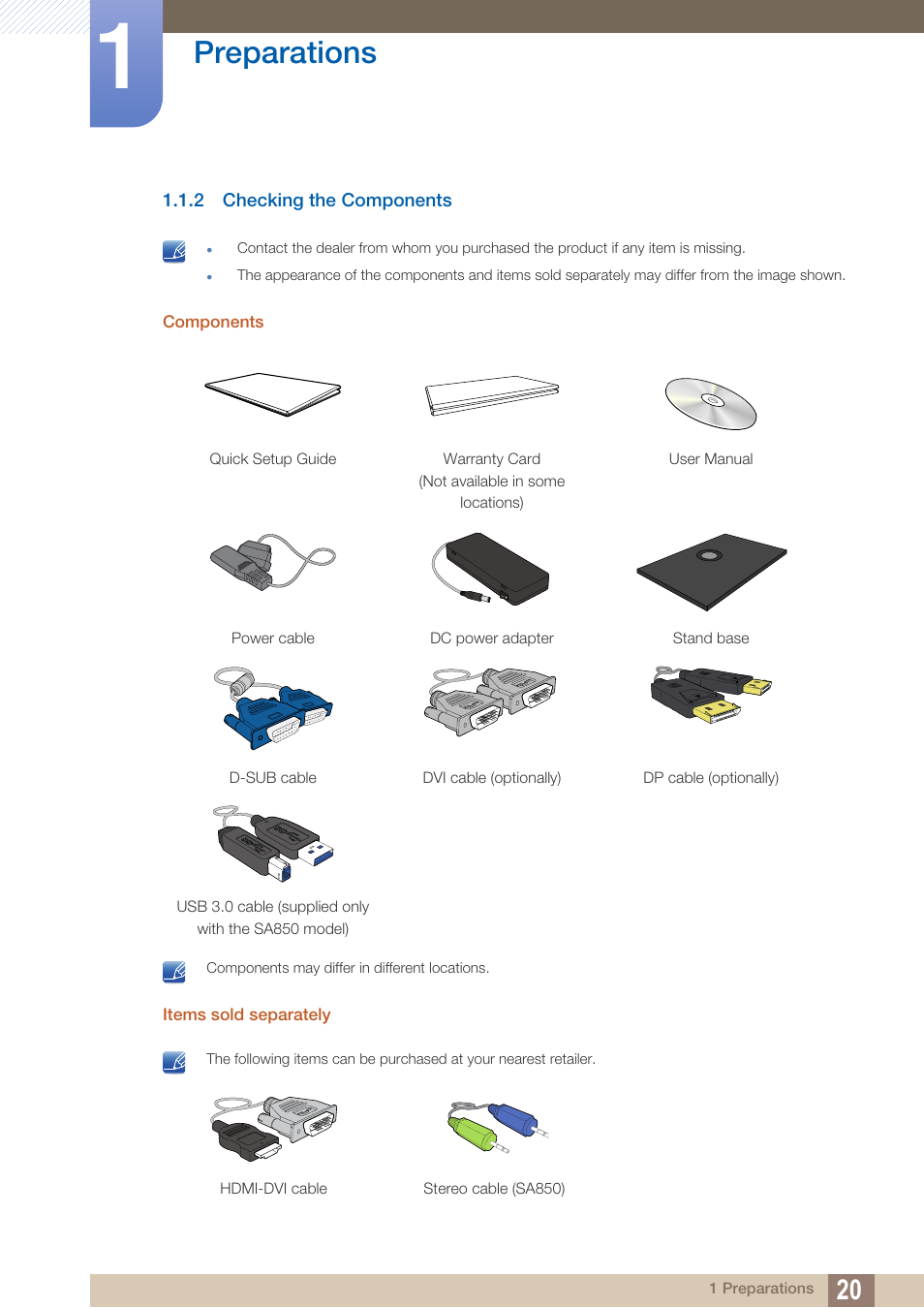 2 checking the components, Checking the components, Preparations | Samsung LS22A650DS-ZA User Manual | Page 20 / 96