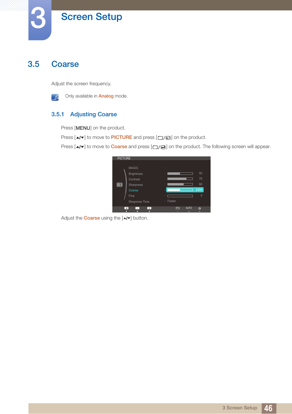 5 coarse, 1 adjusting coarse, Coarse | Adjusting coarse, Screen setup | Samsung LS22A650DS-ZA User Manual | Page 46 / 96