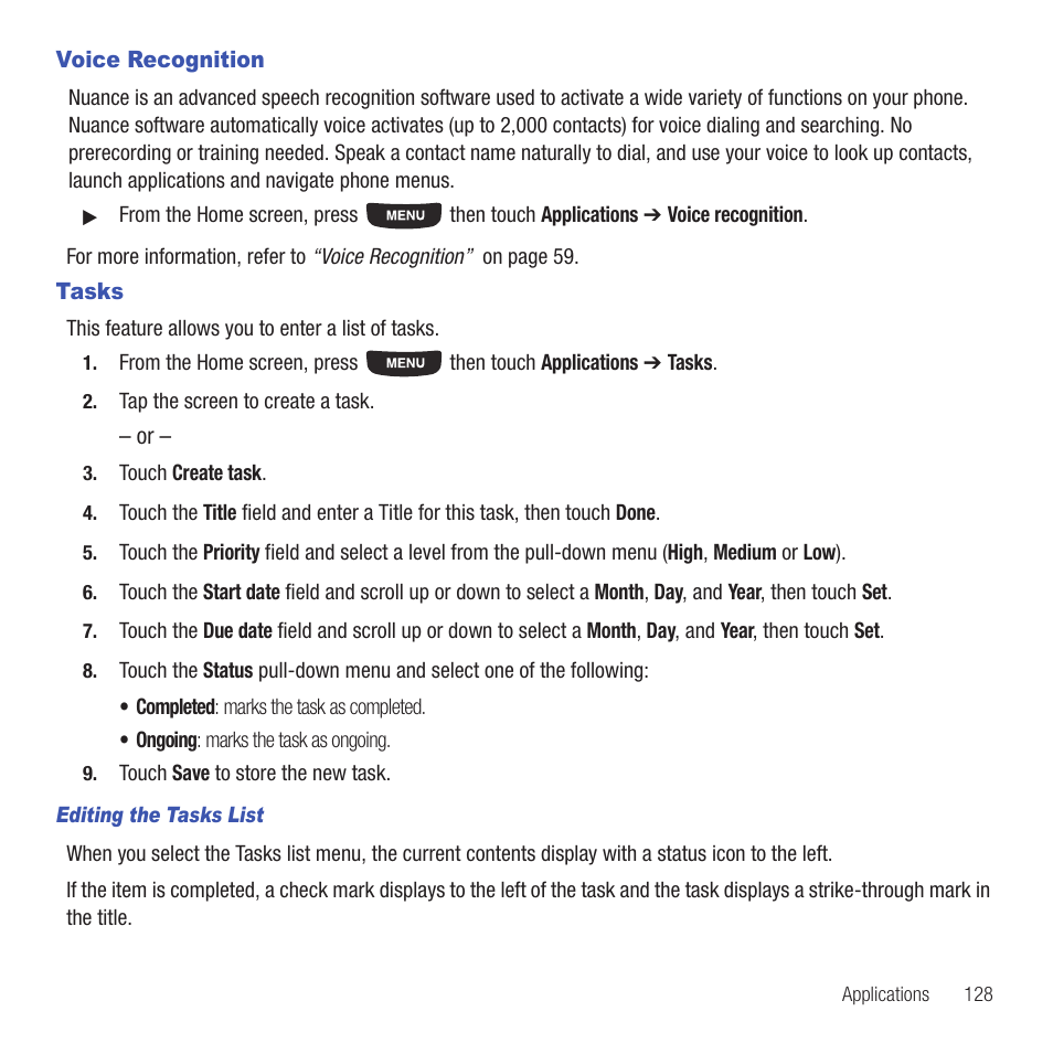 Voice recognition, Tasks, Voice recognition tasks | Samsung SGH-T669AAATMB User Manual | Page 131 / 217