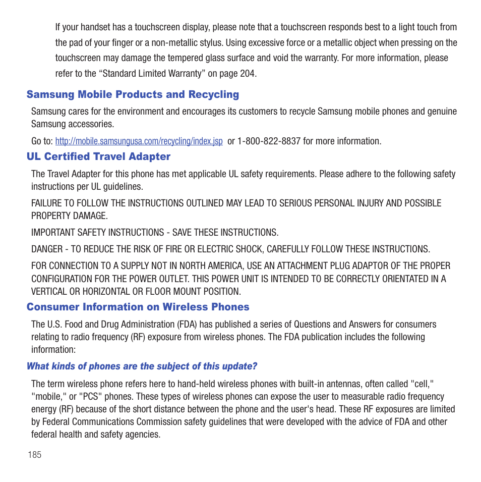 Samsung mobile products and recycling, Ul certified travel adapter, Consumer information on wireless phones | Samsung SGH-T669AAATMB User Manual | Page 188 / 217