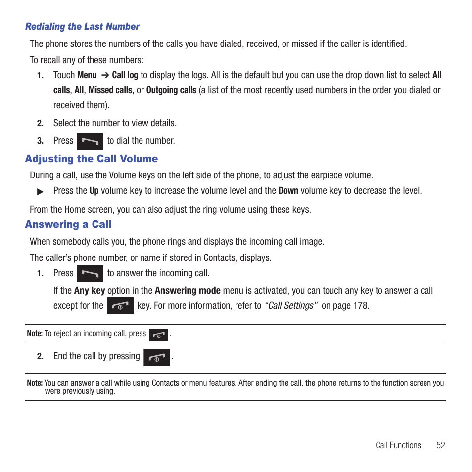 Adjusting the call volume, Answering a call, Adjusting the call volume answering a call | Samsung SGH-T669AAATMB User Manual | Page 55 / 217