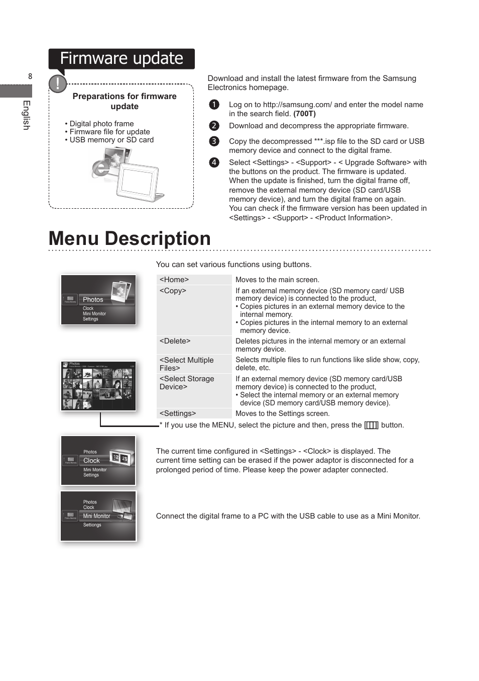 Menu description, Firmware update | Samsung LP07TSLSBT-ZA User Manual | Page 9 / 13