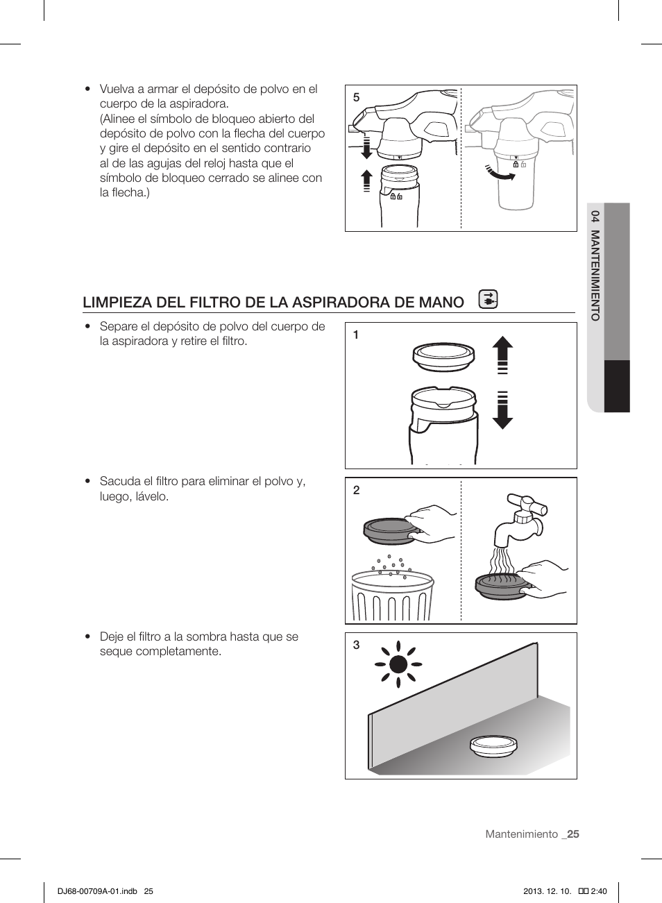 Limpieza del filtro de la aspiradora de mano | Samsung VU12F70SHDC-AC User Manual | Page 81 / 84