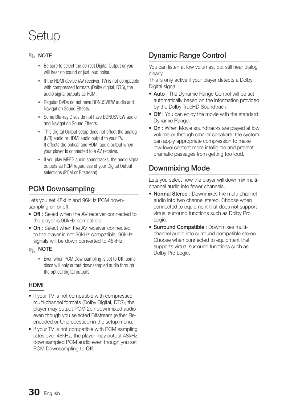 Pcm downsampling, Dynamic range control, Downmixing mode | Setup | Samsung BD-D5250C-ZA User Manual | Page 30 / 76