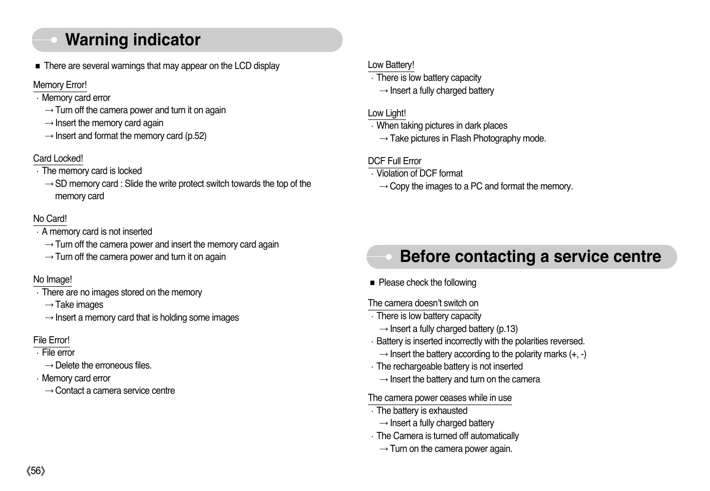 Warning indicator, Before contacting a service centre | Samsung NV10 User Manual | Page 57 / 74