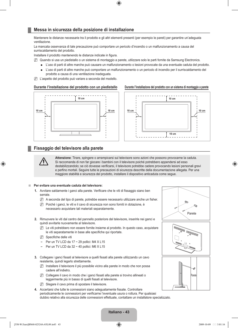 Fissaggio del televisore alla parete | Samsung LE32B550A5P User Manual | Page 251 / 458