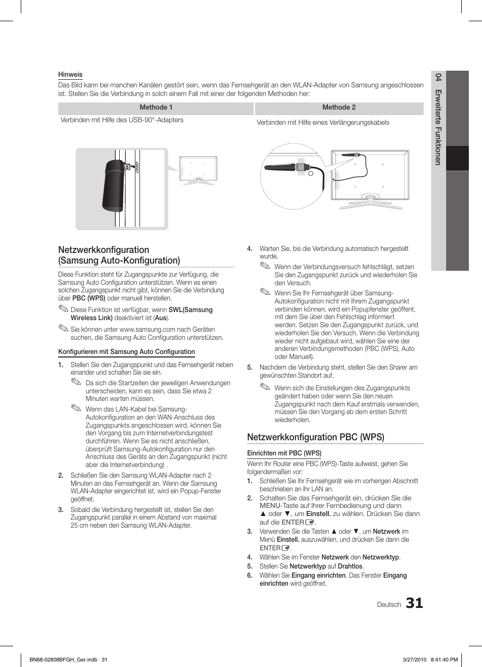 Netzwerkkonfiguration (samsung auto-konfiguration), Netzwerkkonfiguration pbc (wps) | Samsung LE40C750R2W User Manual | Page 153 / 245