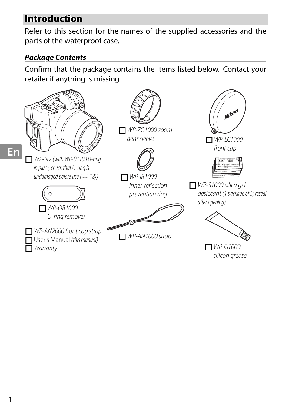Introduction, Package contents | Nikon WP-N2 User Manual | Page 40 / 260