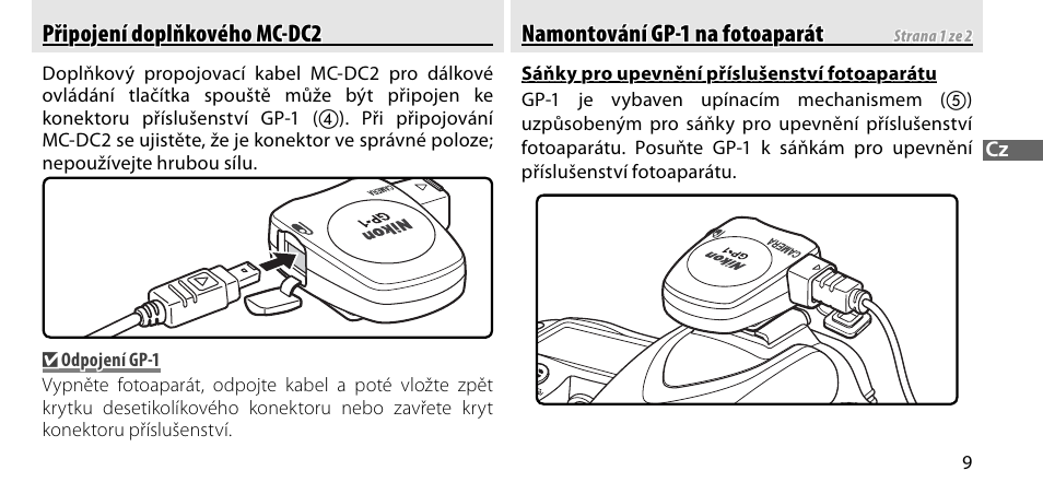 Připojení doplňkového mc-dc2, Namontování gp-1 na fotoaparát | Nikon GP-1-DSLR User Manual | Page 263 / 418
