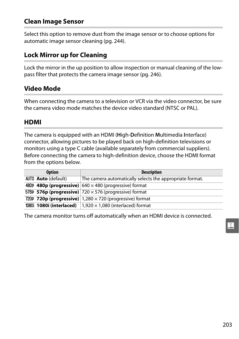 Clean image sensor, Lock mirror up for cleaning, Video mode | Hdmi | Nikon D90 User Manual | Page 223 / 300