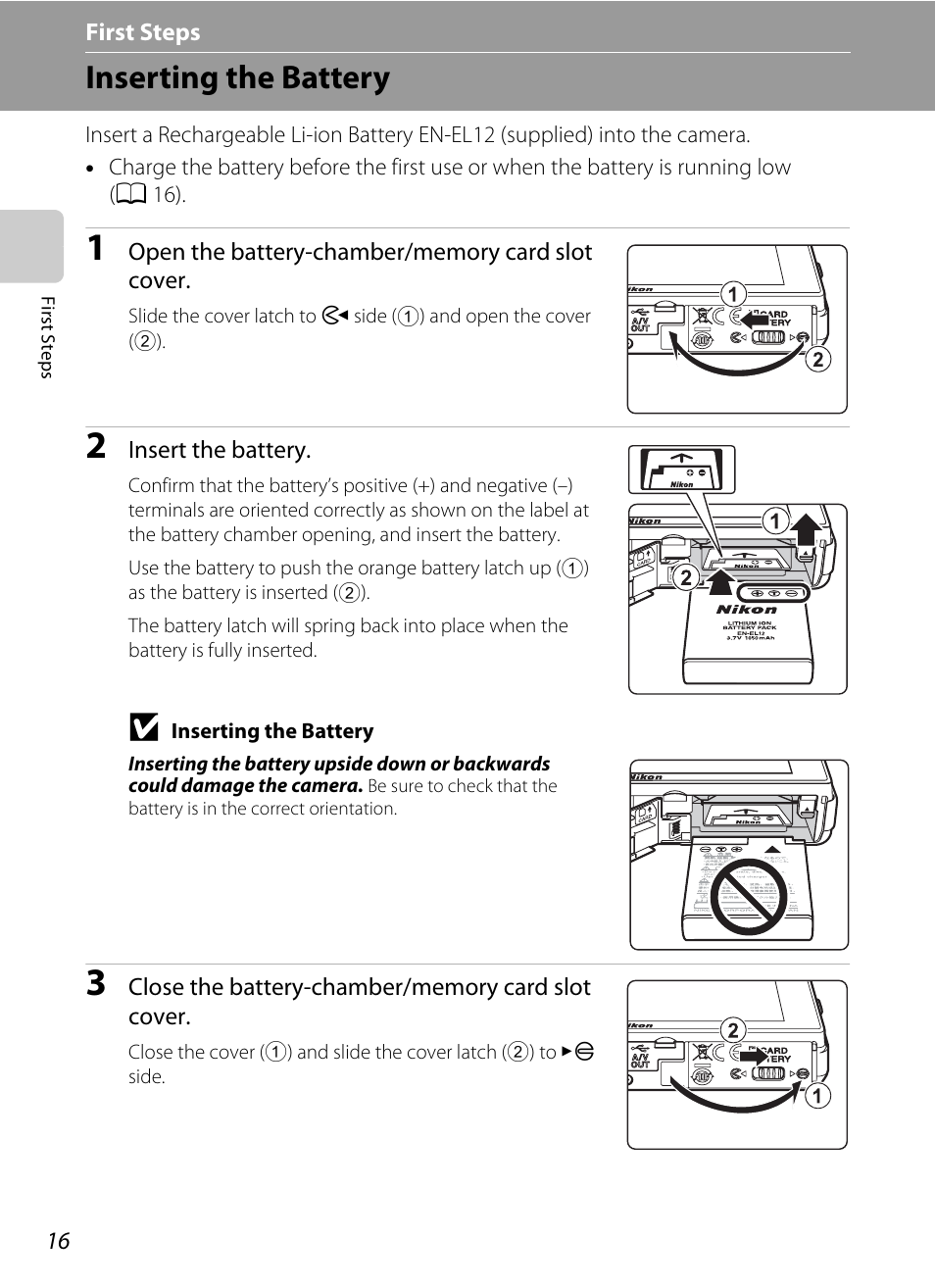 First steps, Inserting the battery | Nikon S70 User Manual | Page 28 / 192