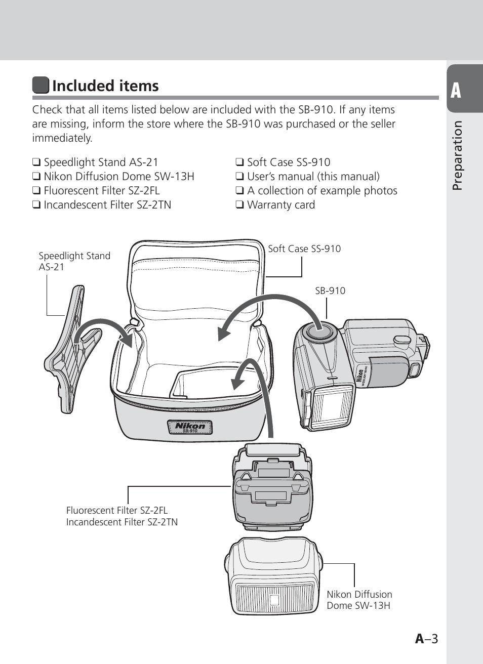 Included items, A –3 | Nikon SB-910 User Manual | Page 3 / 136