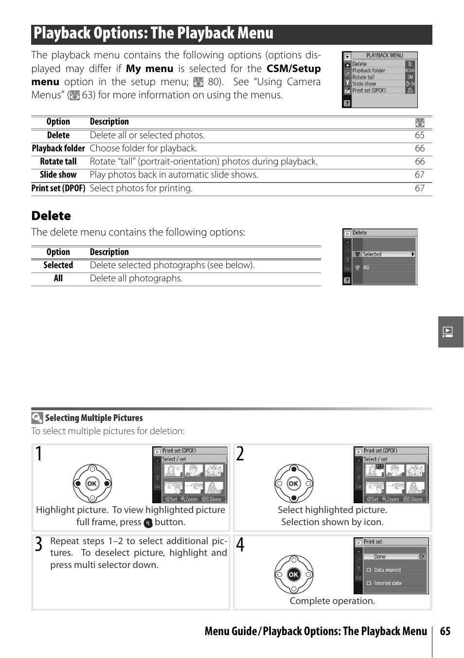 Playback options: the playback menu, Delete | Nikon D40 User Manual | Page 77 / 139
