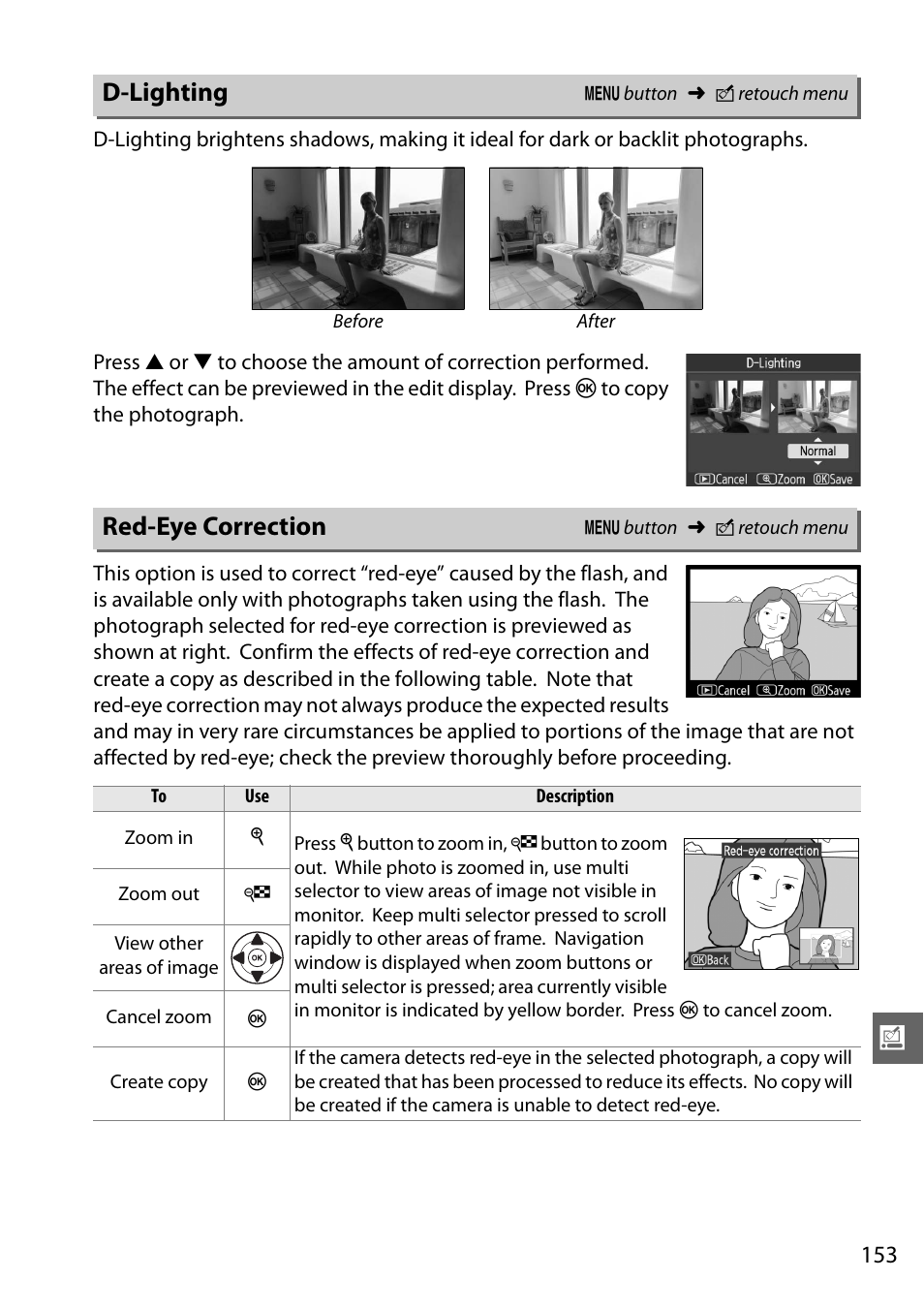 D-lighting, Red-eye correction | Nikon D3100 User Manual | Page 169 / 224