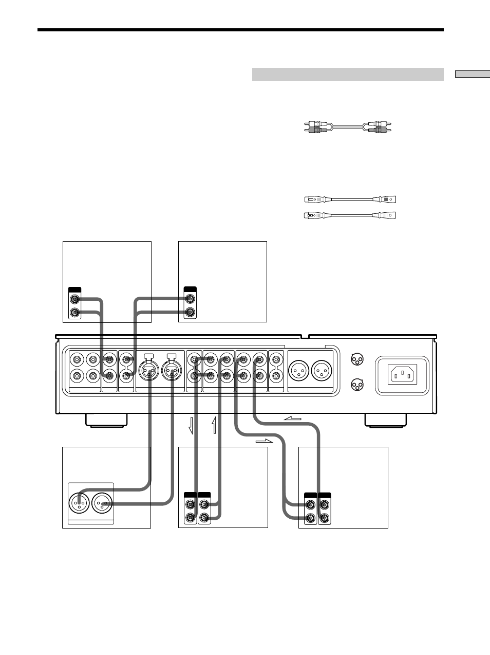 Anslutningar till ljudprodukter, Nödvändiga kablar, Anslutningar | Ljudkablar (tillval), Balanserade kablar (tillval) | Sony TA-E1 User Manual | Page 49 / 88