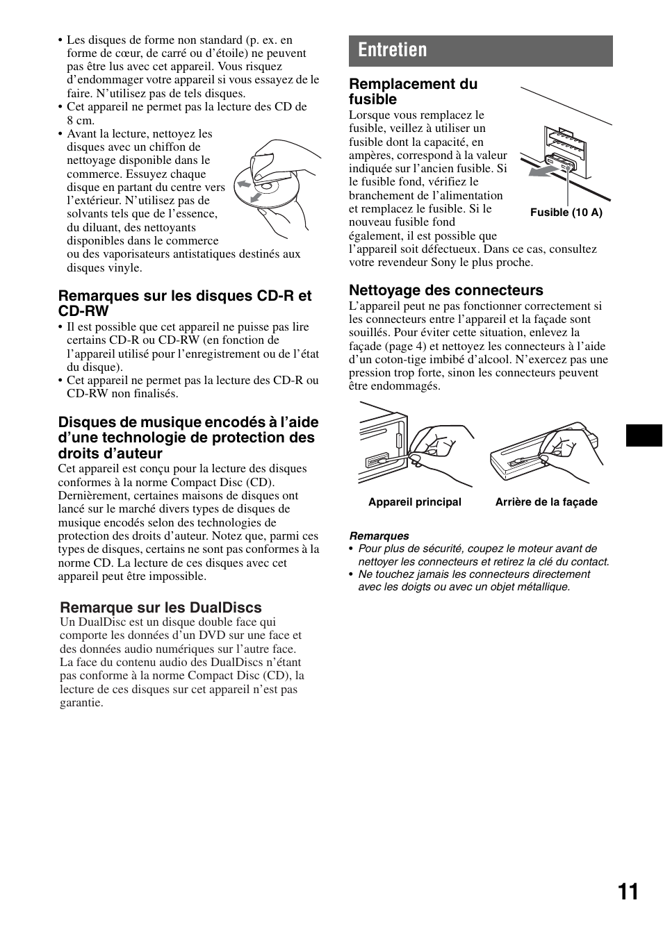 Entretien | Sony CDX-GT100 User Manual | Page 37 / 72