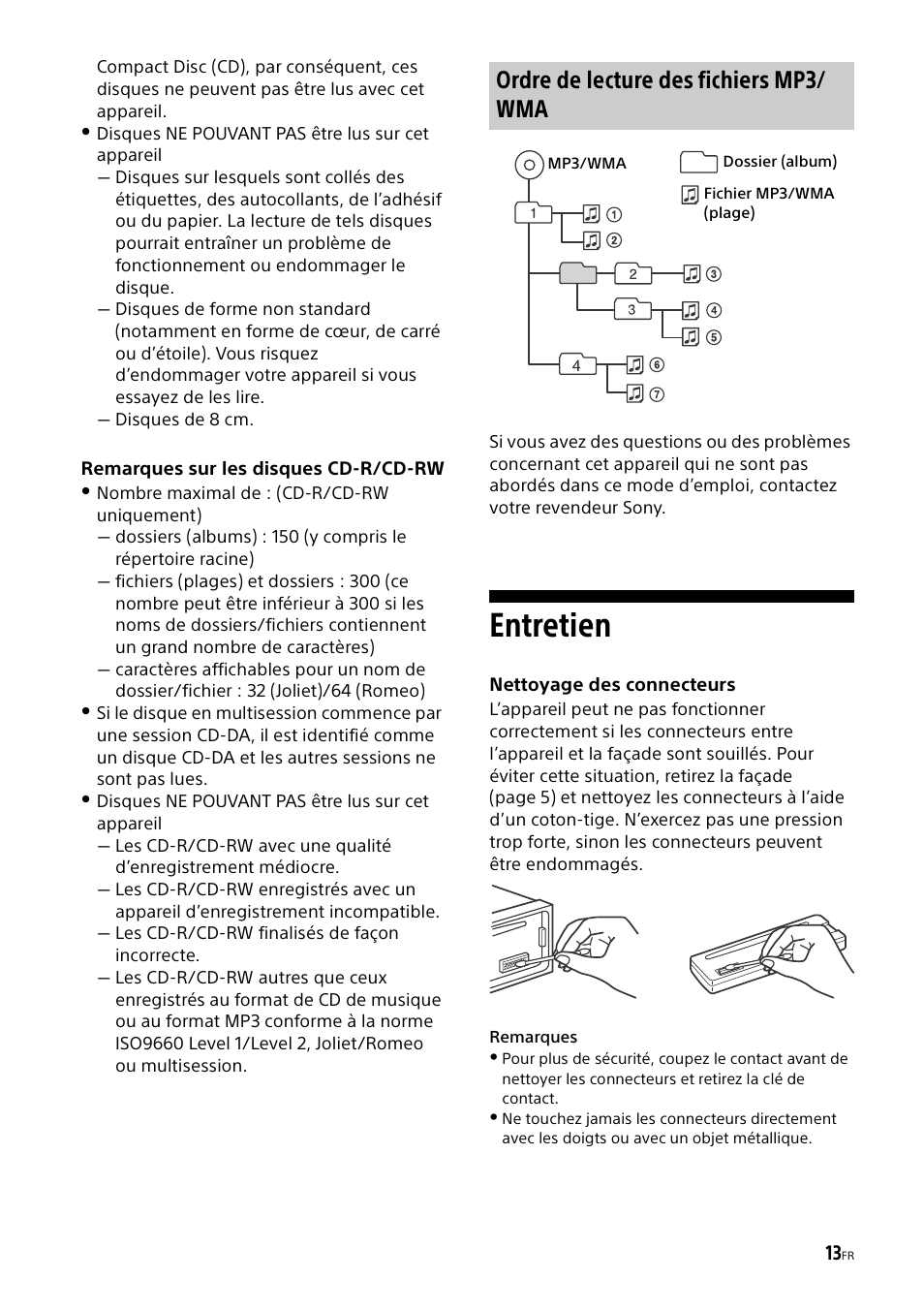 Entretien, Ordre de lecture des fichiers mp3/ wma | Sony CDX-G1000U User Manual | Page 47 / 84