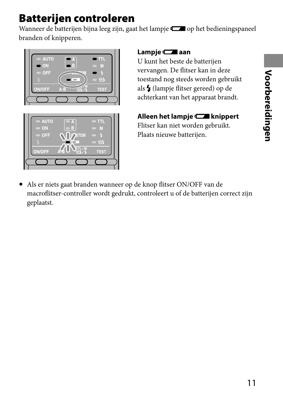Batterijen controleren, 11 vo or ber eidingen | Sony HVL-MT24AM User Manual | Page 245 / 293
