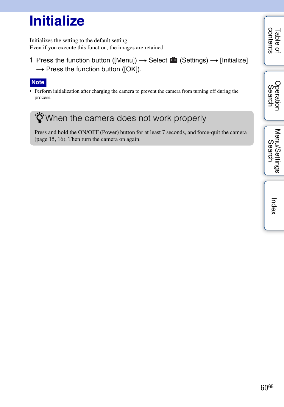 Initialize, When the camera does not work properly | Sony bloggie MHS-FS2K User Manual | Page 60 / 80