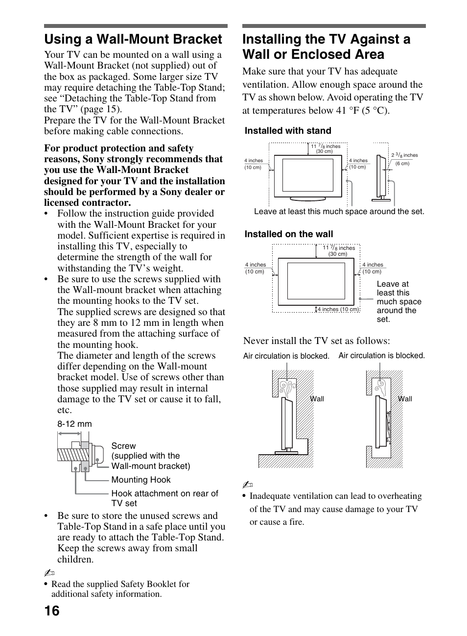 Using a wall-mount bracket, Installing the tv against a wall or enclosed area, Never install the tv set as follows | Installed with stand, Installed on the wall | Sony KDL-52NX800 User Manual | Page 16 / 24