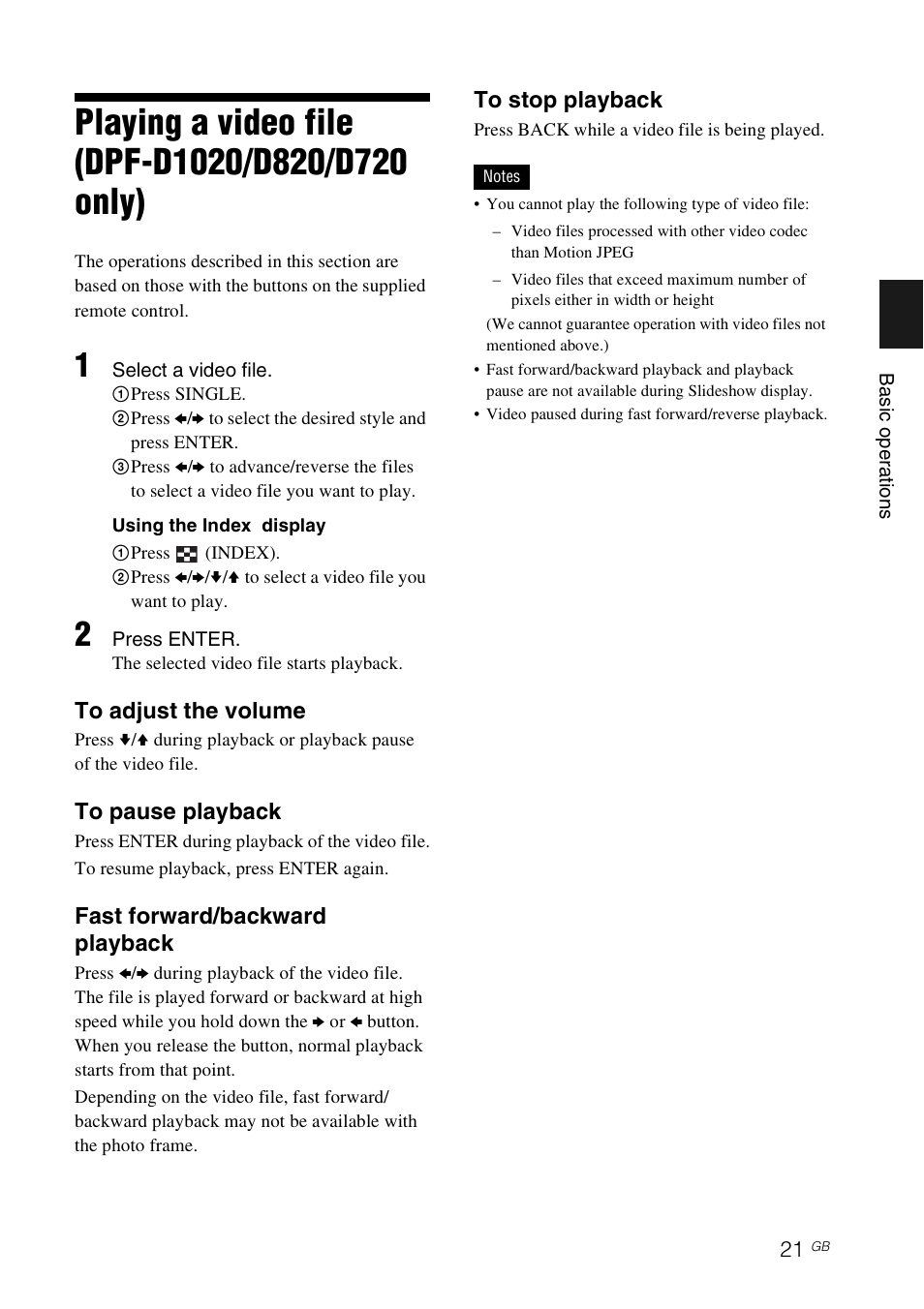 Playing a video file (dpf-d1020/d820/d720 only), Playing a video file (dpf-d1020/ d820/d720 only), Fast forward/backward playback | Sony DPF-D1010 User Manual | Page 21 / 55