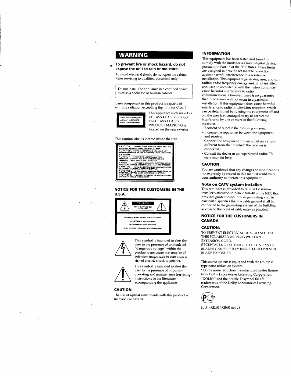 Notice for the customers in the u.s.a, Caution, Information | Note on catv system installer, Notice for the customers in canada, Warning | Sony LBT-G5500 User Manual | Page 2 / 46