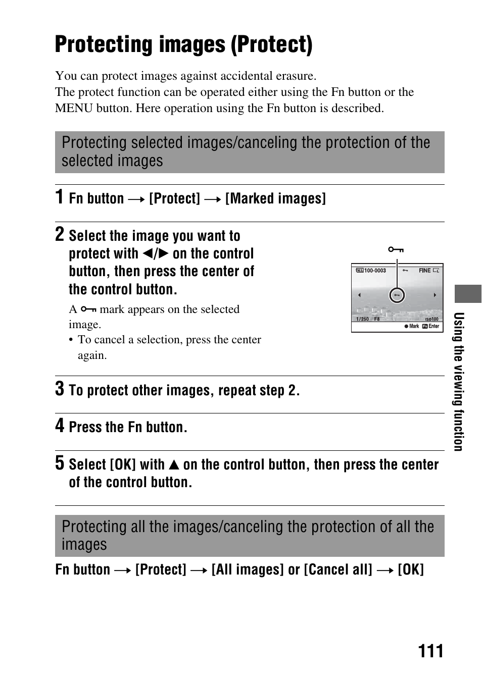 Protecting images (protect), Protect (111) | Sony DSLR-A330 User Manual | Page 111 / 171