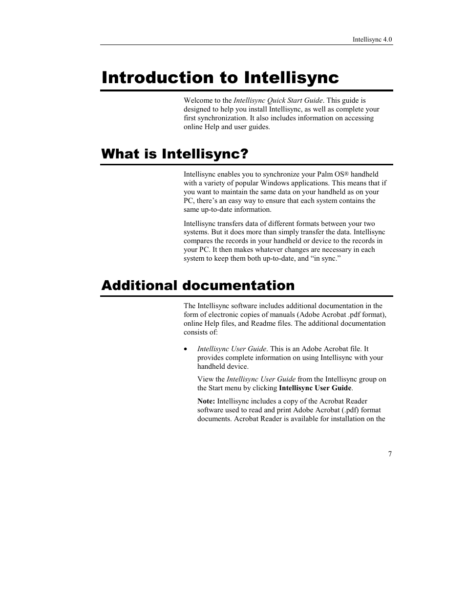 Introduction to intellisync, What is intellisync, Additional documentation | Sony PEG-TJ37 User Manual | Page 7 / 16