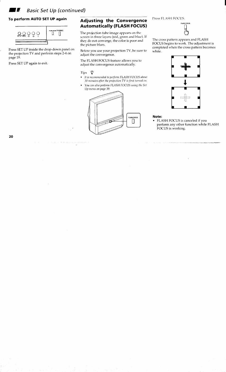 Note, Adjusting the convergence automatically, Flasfi focus) | Basic set up (continued) | Sony KP-48V80 User Manual | Page 24 / 62