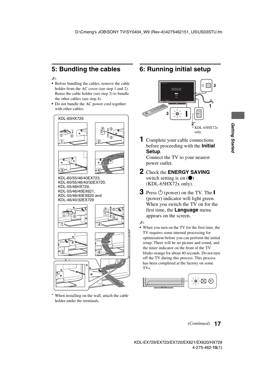 Bundling the cables, Running initial setup, Bundling the cables 6: running initial setup | Sony KDL-46EX621 User Manual | Page 17 / 36