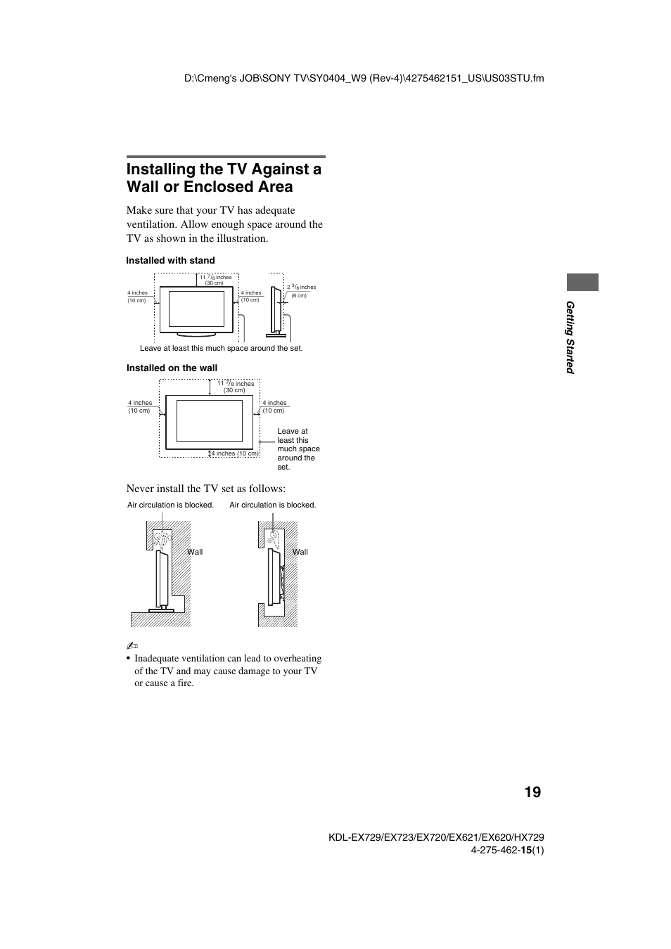 Installing the tv against a wall or enclosed area, Never install the tv set as follows | Sony KDL-46EX621 User Manual | Page 19 / 36