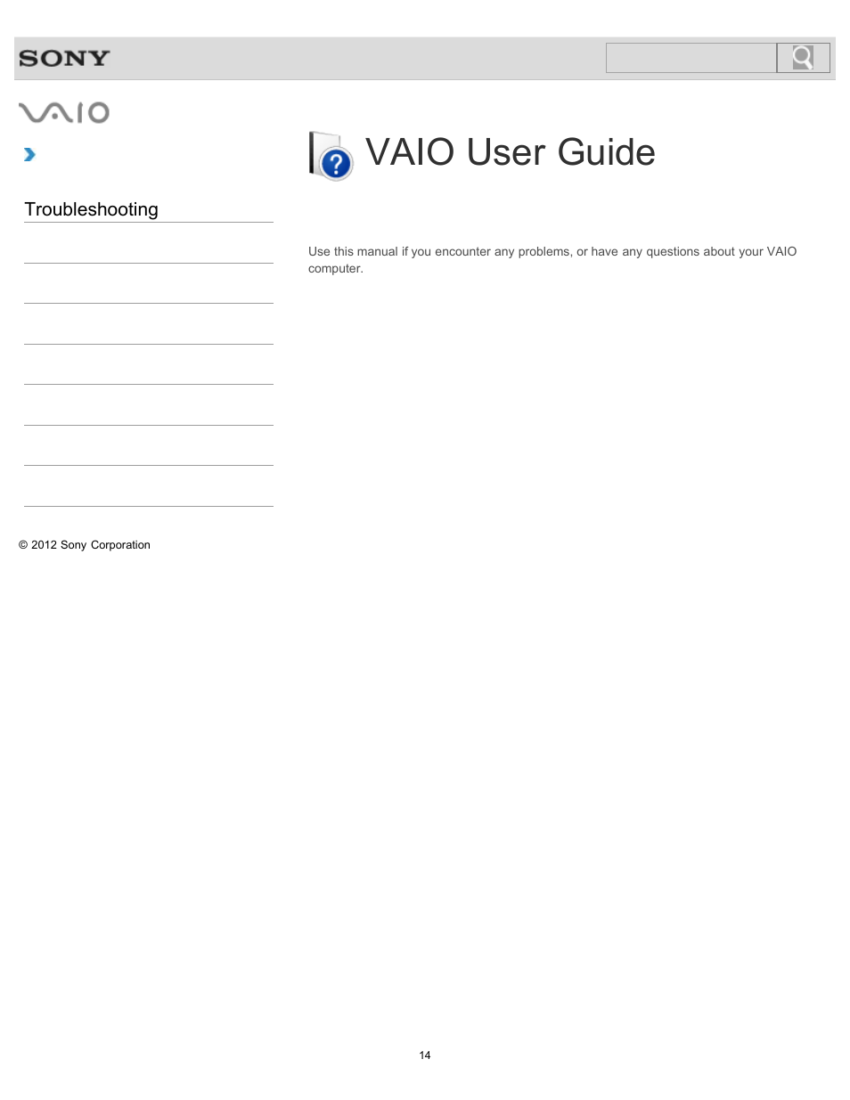 Troubleshooting, Vaio user guide, Svl2411 series | Sony SVL241190X User Manual | Page 14 / 522