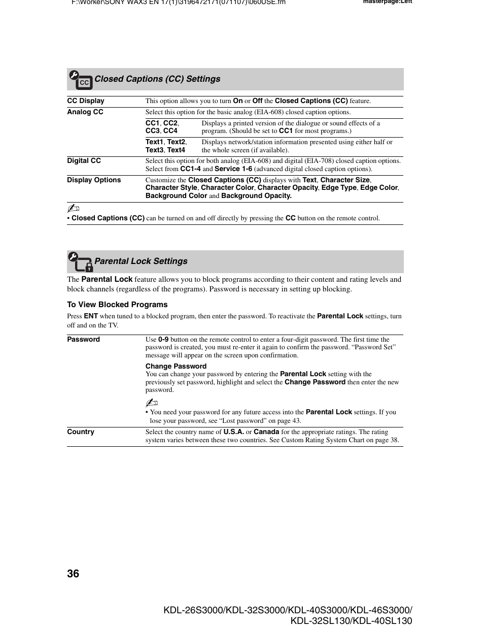 Closed captions (cc) settings, Parental lock settings | Sony KDL-40SL130 User Manual | Page 36 / 48