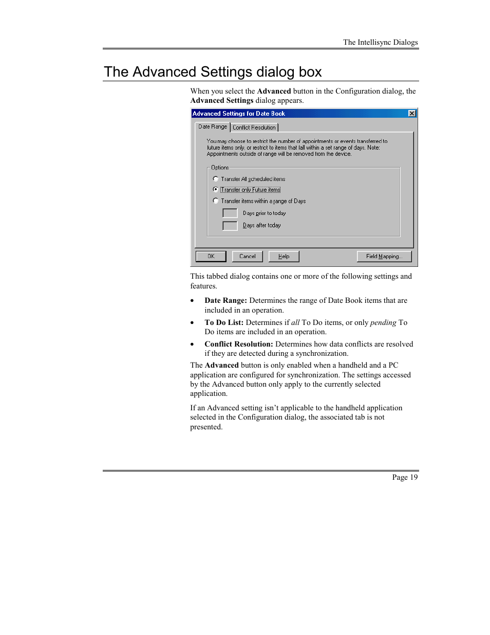 The advanced settings dialog box, Emote, Ynchronization | Sony PEG-TG50 User Manual | Page 19 / 53